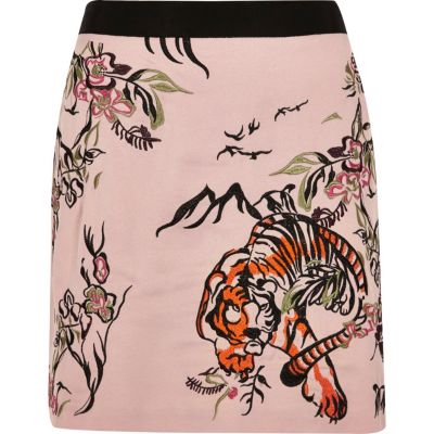 Pink tiger print embroidered mini skirt